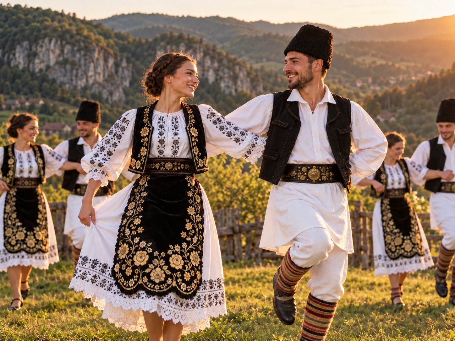 Dansatori ai ansamblului în port popular din Banatul de Munte
